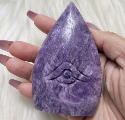 Lepidolite Flame with Evil Eye Protection Natural Stone Crystal Carving Handmade