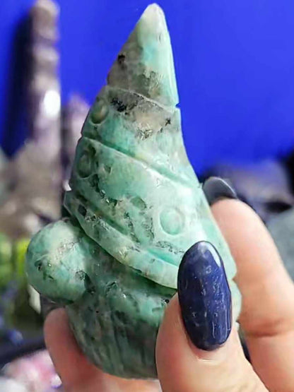 Amazonite Gnome 4" Hand Carved Blue Amazonite with Smokey Quartz