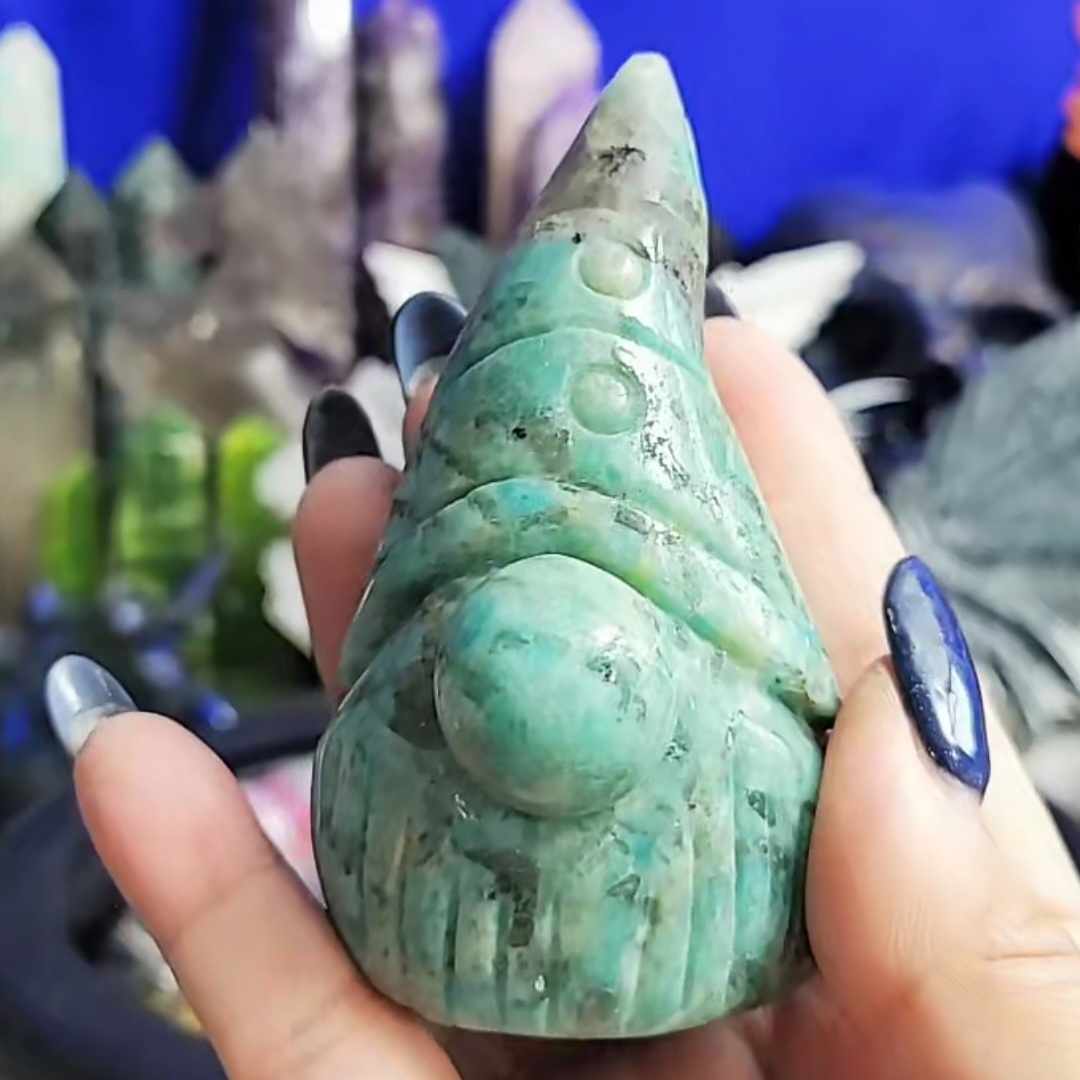 Amazonite Gnome 4" Hand Carved Blue Amazonite with Smokey Quartz