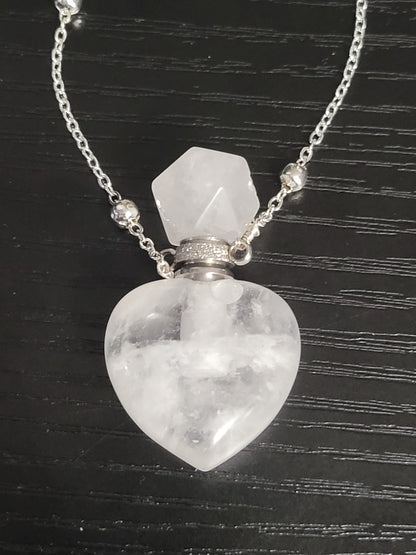 Perfume Bottle and Heart Necklace with Silver-tone Chain